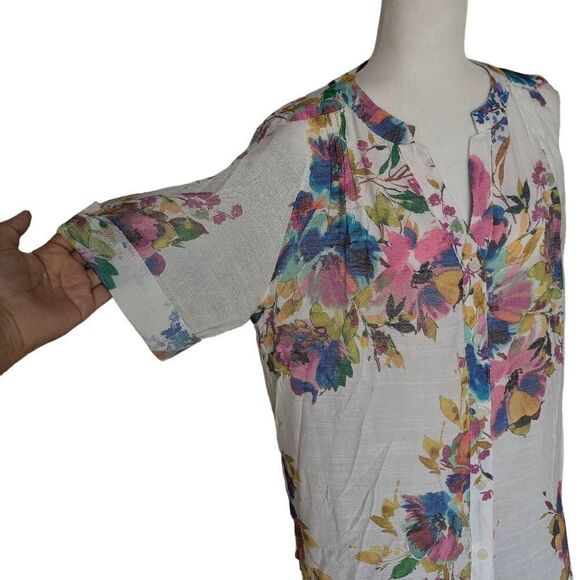 Go Fish Colorful Floral Print Button Down Blouse Round Split Neck Women Size M - Picture 5 of 9